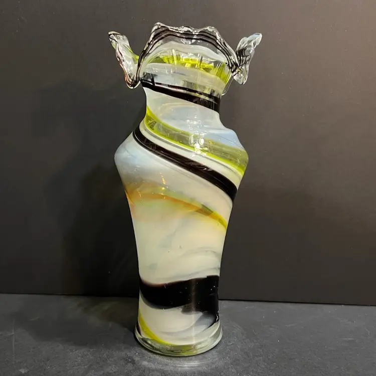 Smith’s Old Timer Hand Blown Ozark Art Glass Yellow White Orange Brown Swirl Vase, Fort Smith, AR *glows* ~8.5” x 4” diameter