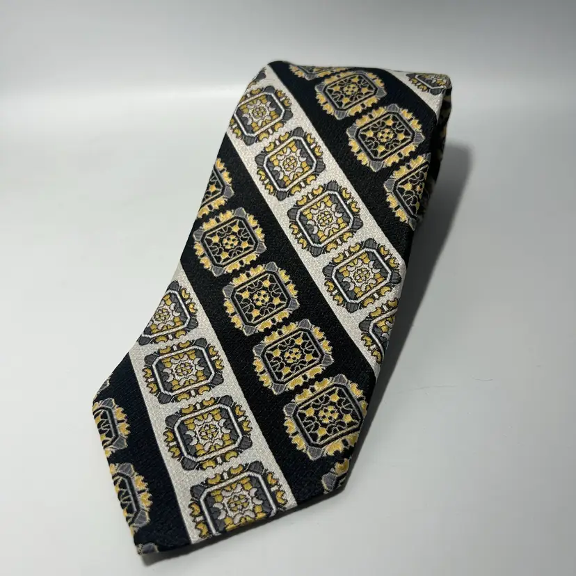 Vintage JC Penney Black, Yellow, White Square Abstract Design Wide Polyester 57.75" x 4.25"