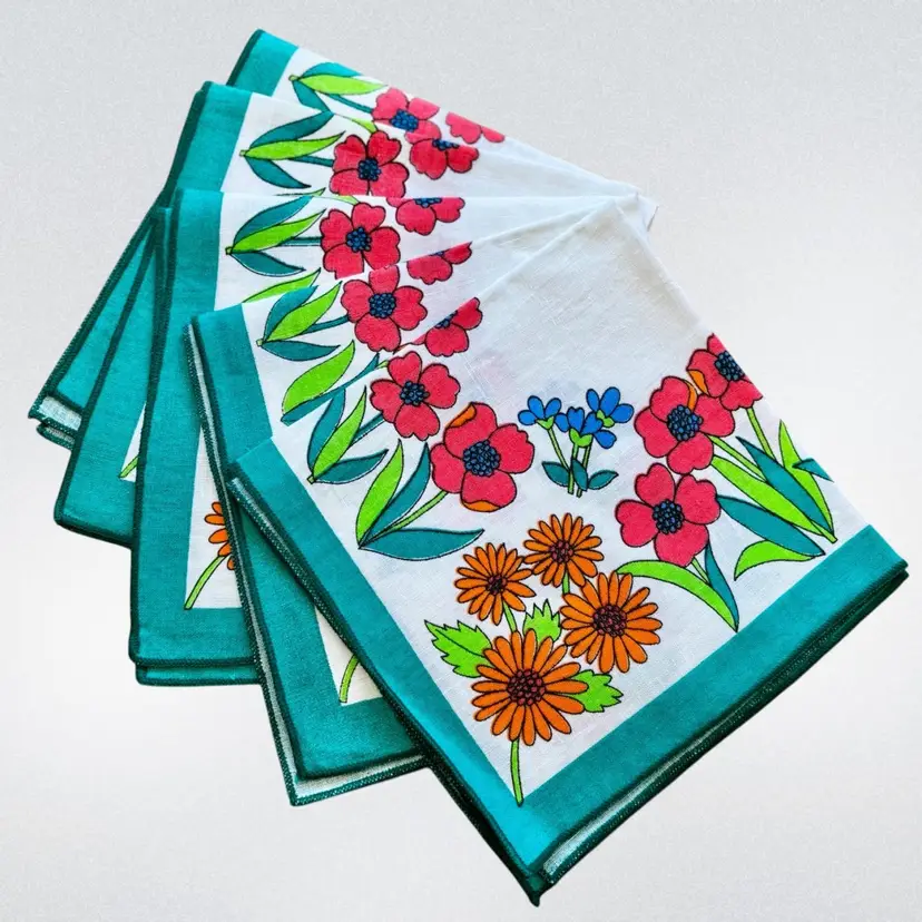 Retro Cotton Floral Set Of 5 Textile Fabric Napkins