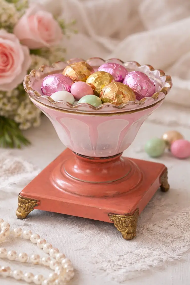 Antique Pink Satin Glass Compote Dish on Ornate Footed Base | Victorian Ruffled Rim