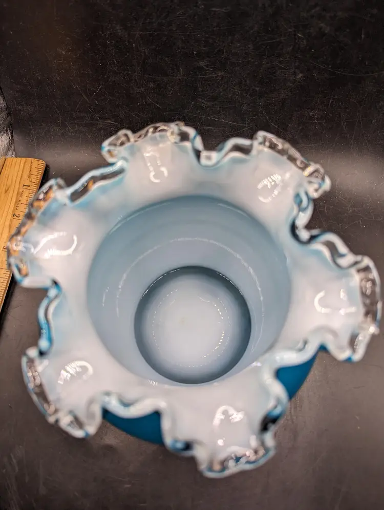Vintage Fenton Jamestown Blue 1950's White Cased Swirl Ruffle Rim Art Glass Vase