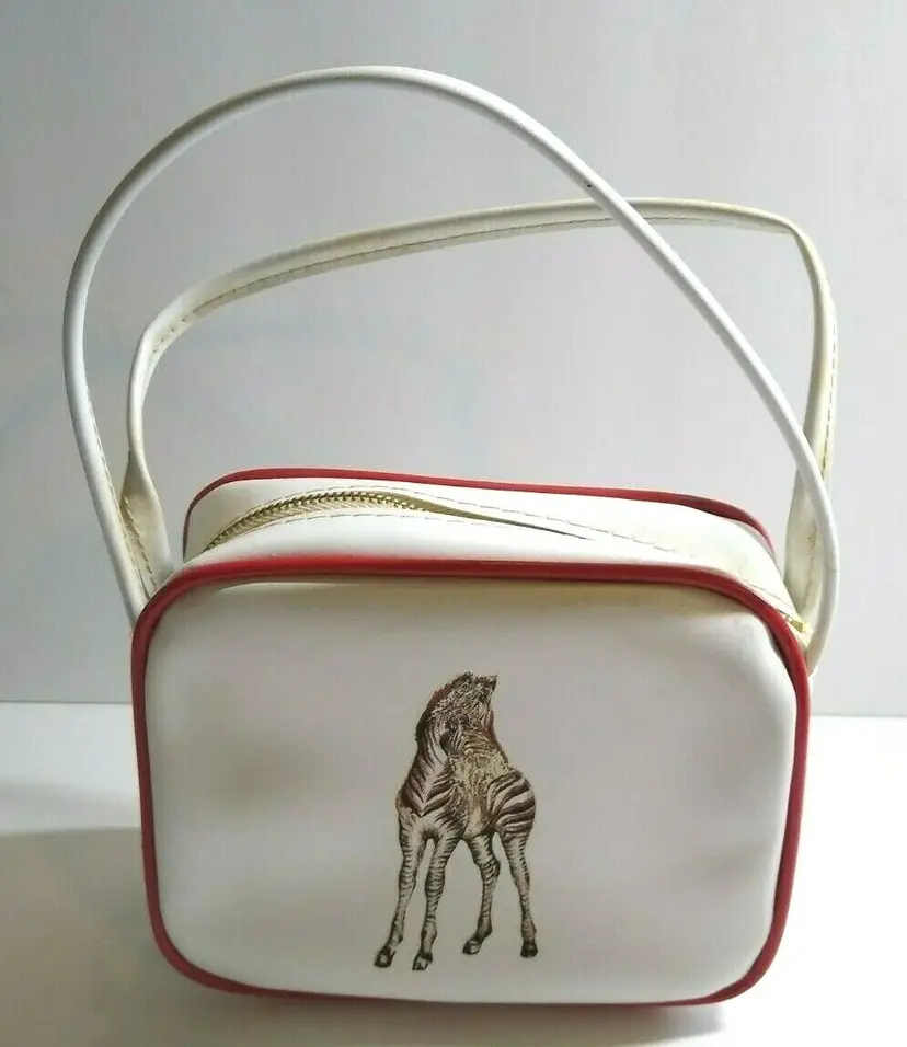 Childs Zebra Handbag Vinyl Strap Purse Bag Vintage NOS White Red Retro Fashion