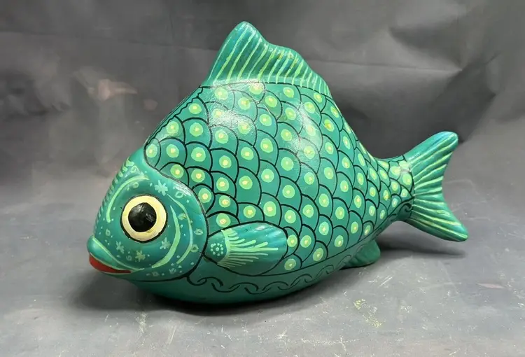 Talavera Mexico Fish Folk Art Hand Painted Terracotta Shelf Sitter Mexican Teal