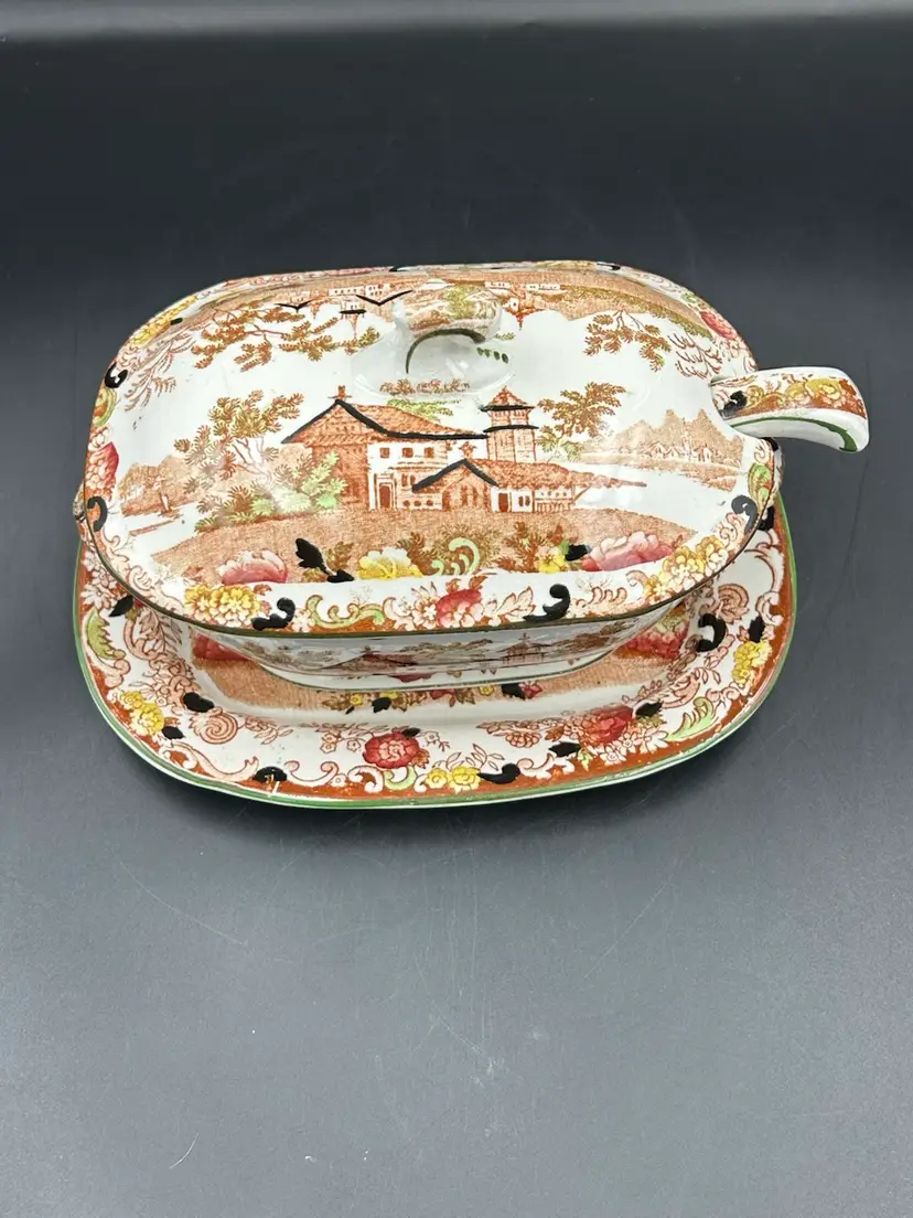Antique Genevese IronStone Terrine/Gravy/Sauce Dish With Ladle And Under Plate