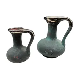 Vintage Pair Of Mini Jugs Pitchers Mid East Egyptian Style Ceramic & Metal