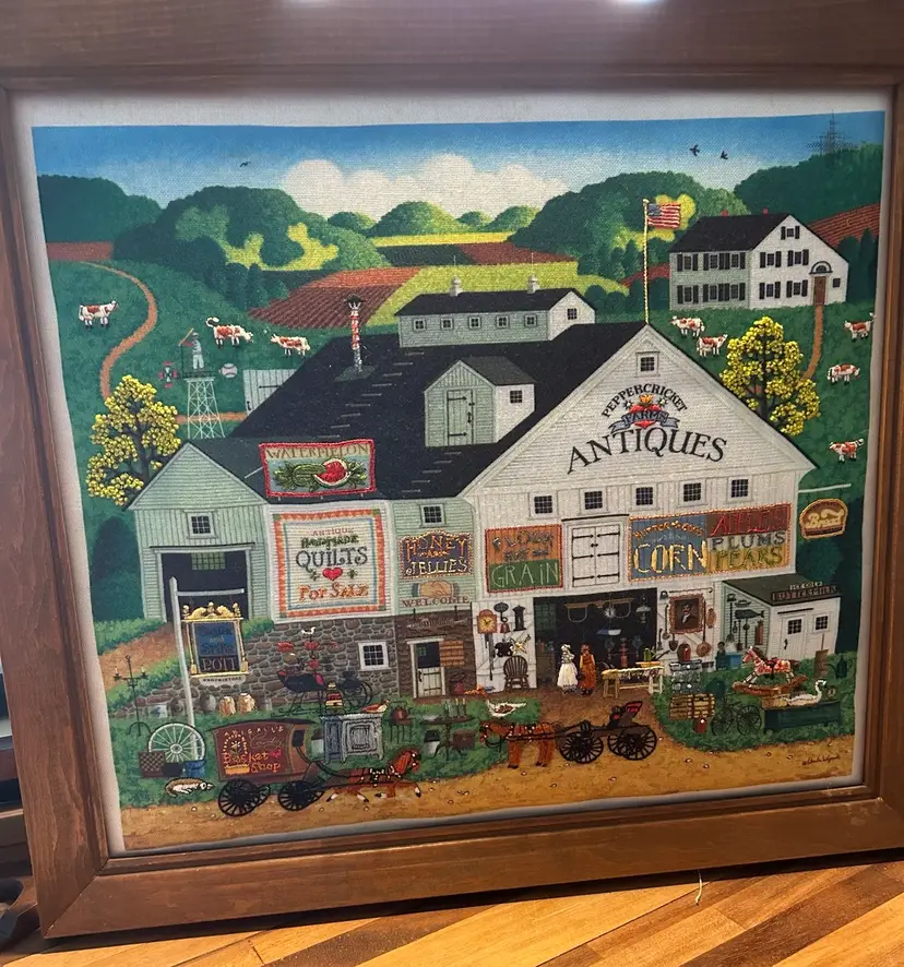 22x21 Needlework “Peppercricket Farms” By Charles Wysocki Fiberfill Behind Picture (Kit From The 80’s)