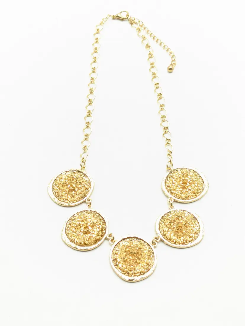 Gold Tone Champagne Crystal Pave Disc Necklace