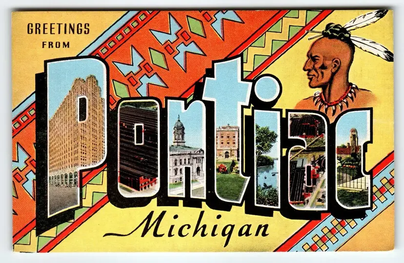 Greetings From Pontiac Michigan Large Big Letter Postcard Linen Unused Kropp