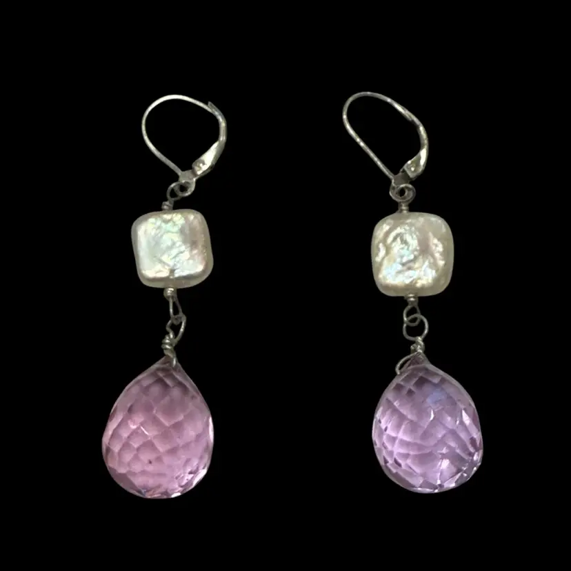 Stunning Sterling Silver Genuine Freshwater Pearl Faceted Amethyst Dangle Drop Earrings 2.25”