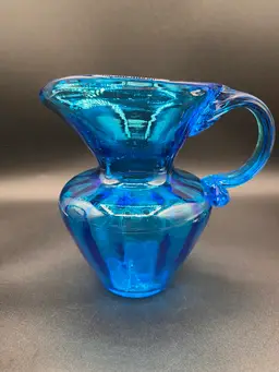 Wide Spout Aqua Blue MCM Art Glass Optics Pitcher 6”