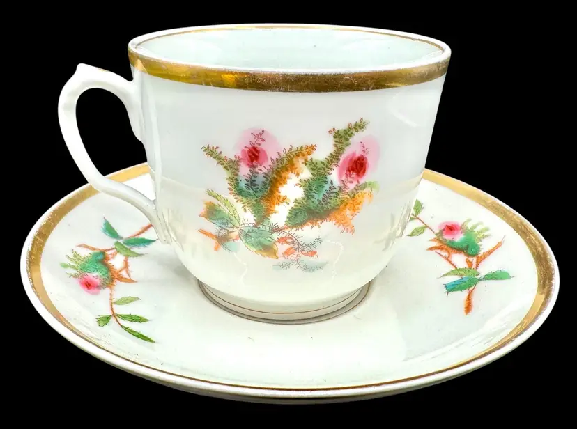 Antique Haviland Limoges H&C Moss Rose Porcelain Tea Cup and Saucer Set Gold