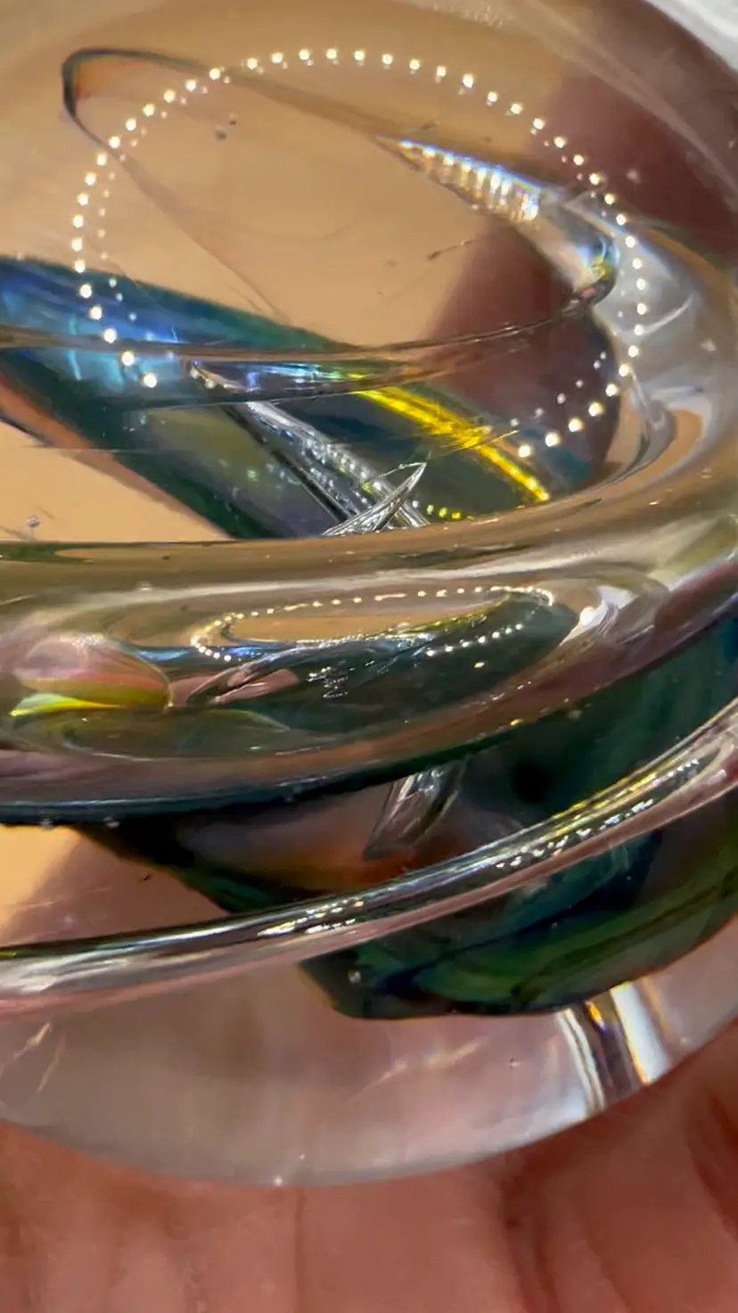 Marian Pyrcak Signed Polish Art Glass Swirl Paperweight.   Blues Greens, Purple And Iridescent Beauty.