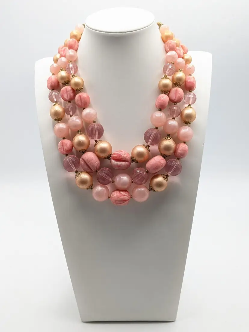 Vintage Pink and Gold Tone Beaded Multi-Strand Necklace Summer Jewelry