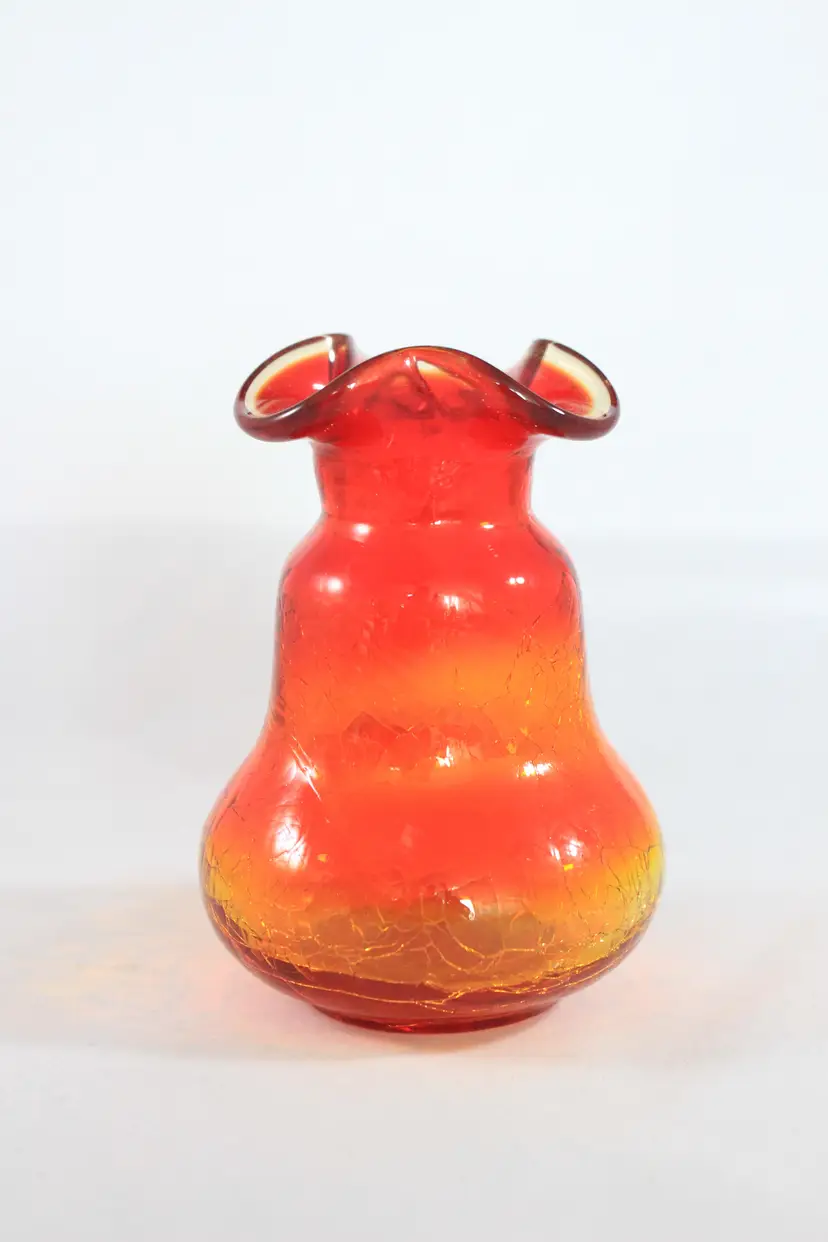 1960 Vintage Amberina Red-Orange Ruffled Edge Glass Vase