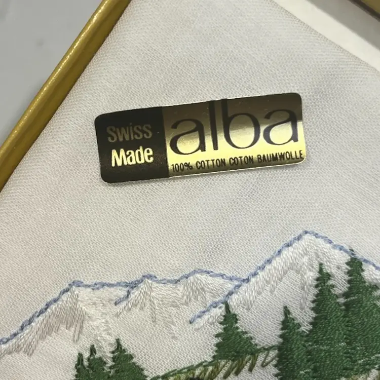 Vintage Swiss- By Alba- Embroidered Handkerchief – Shepherd & Mountain Goats Scene, Boxed, 100% Cotton