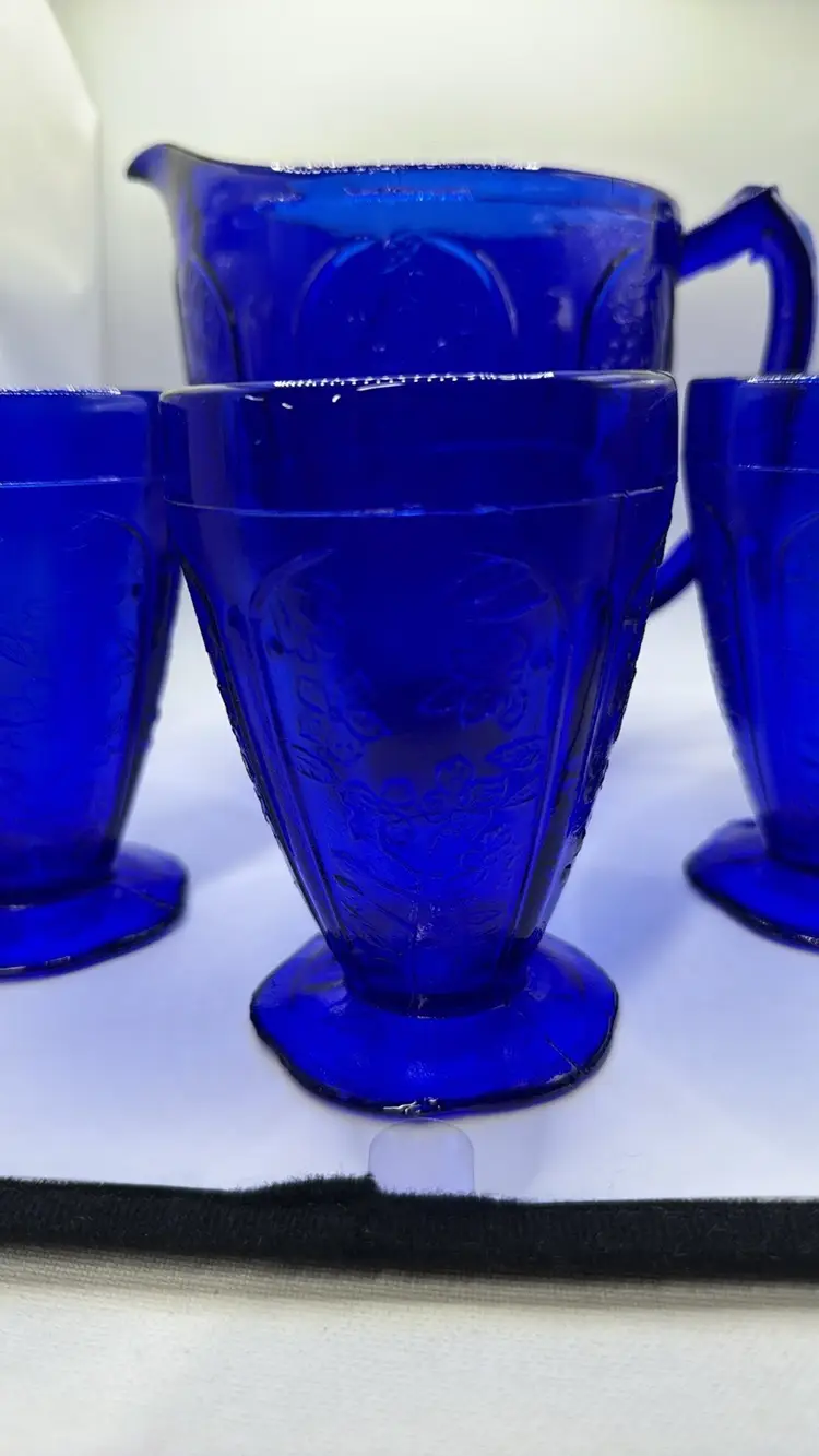 COBALT BLUE CHERRY BLOSSOM 1PITCHER AND 3 GLASSES SET