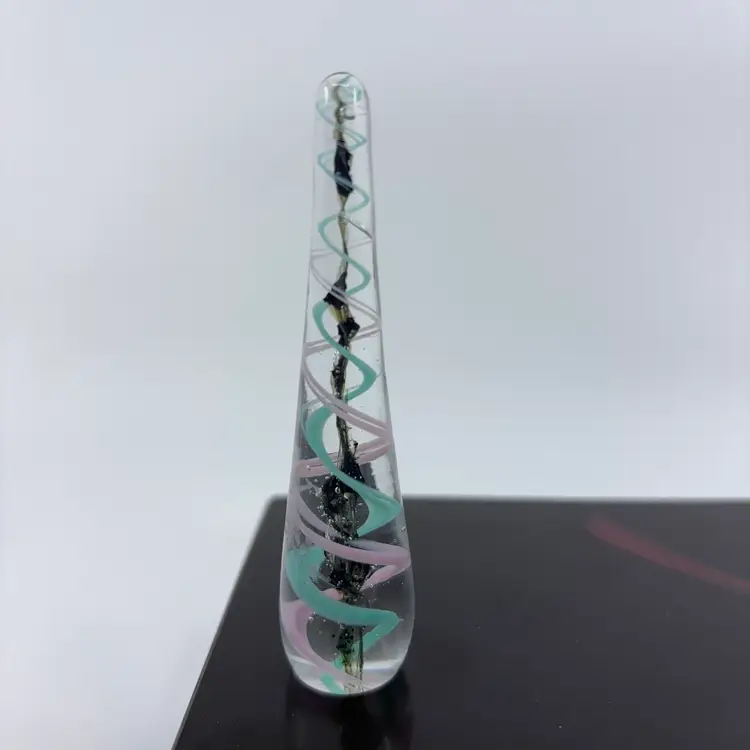 Mini Long Teardrop Blue Pink Swirl Art Glass Sculpture Signed 3.5”