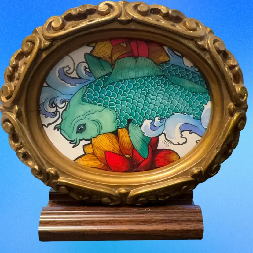 Beautiful Koi Fish Watercolor Print In Vintage Frame On Stand Or Could Be Hung, Signed “AM”. 6” Wide.