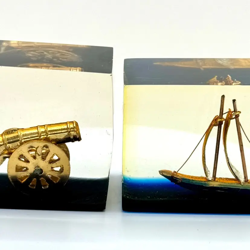 Vintage (2) Encased Miniature Cannon & Ship (Galion Ship) Lucite Acrylic Resin Paperweights, Handcrafted, By Lobeco, Made In Hong Kong