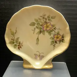 Vintage Ceramic Seashell Soap or Trinket Dish Violets & Butterfly Gold Accent