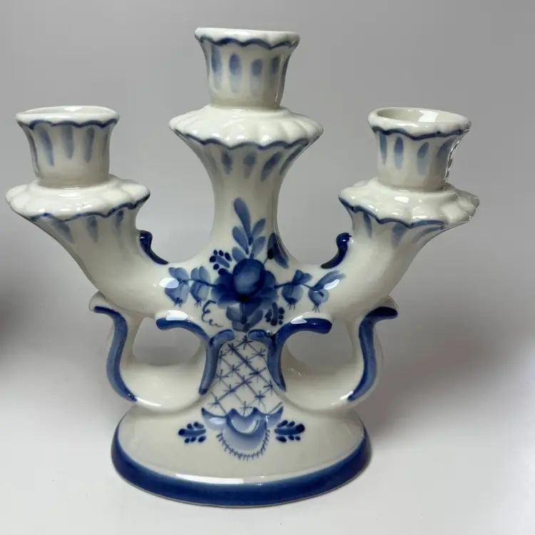 #01 Set of 2 Vintage Gzhel Russian Triple Candle Porcelain Candelabras Blue White Floral
