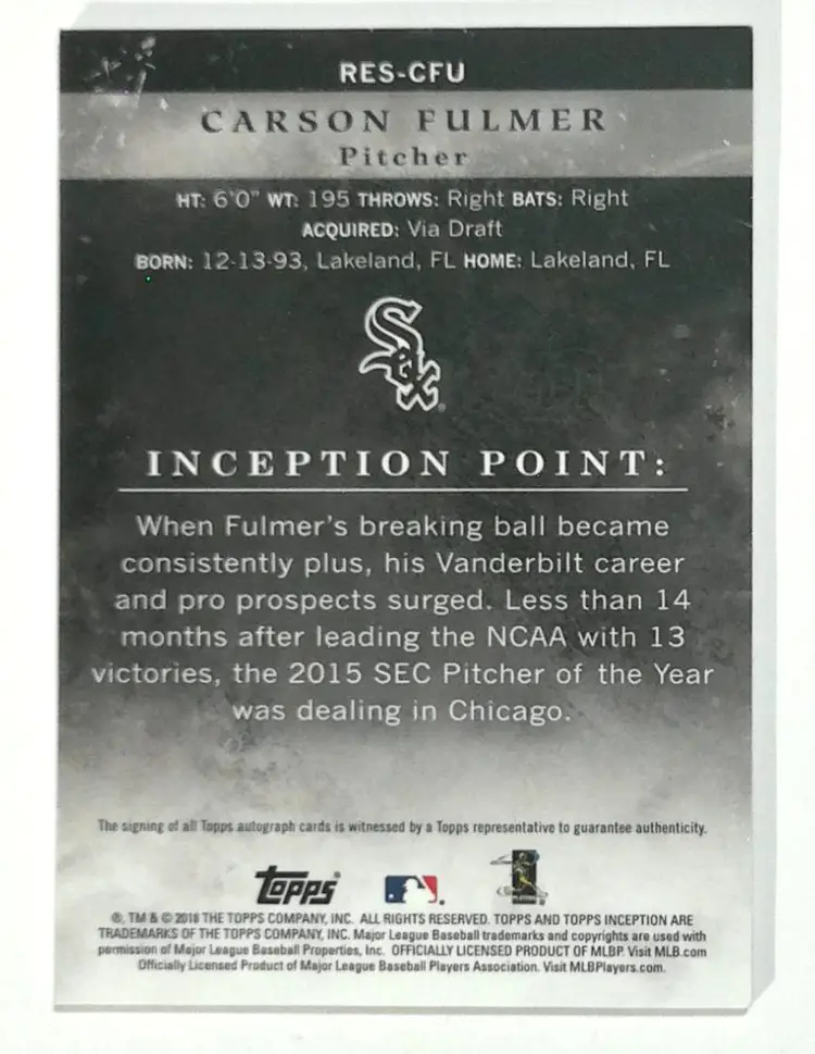 2018 Topps Inception RES-CFU Carson Fulmer Auto 247/299 Chicago White Sox Autograph