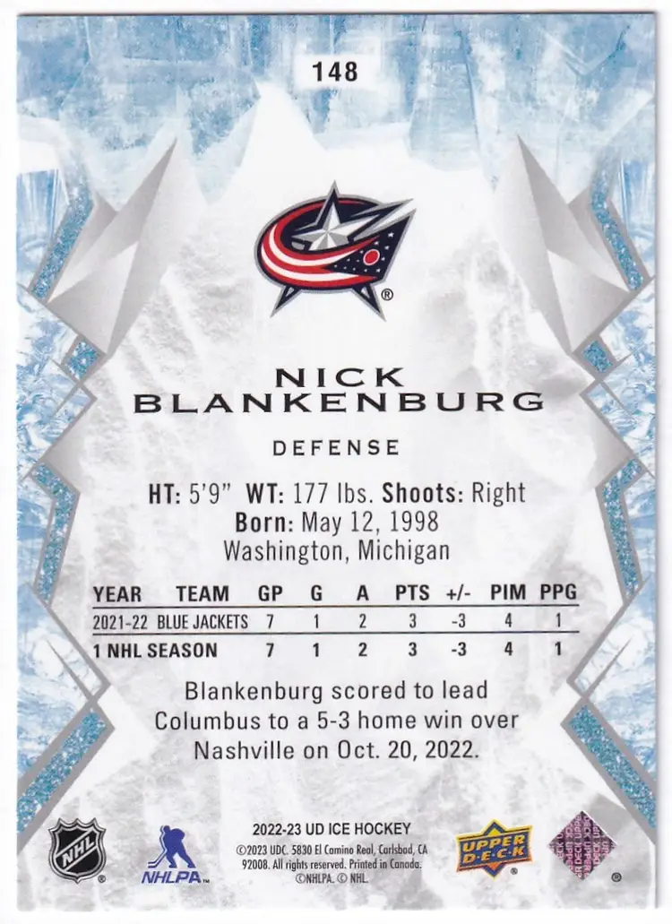 2022-23 Upper Deck Ice #148 Nick Blankenburg RC Columbus Blue Jackets Hockey Card