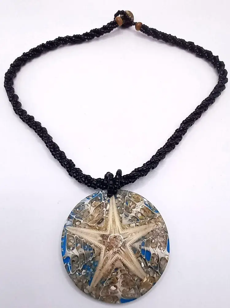 Beach Vibe Starfish Shells 3D Medallion Black Seed Bead Twisted Strand Necklace