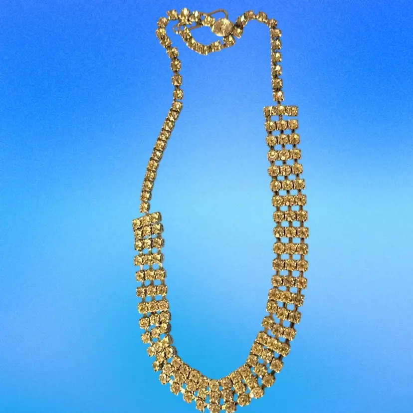 #18 - Silver Tone Rhinestone Necklace Three Rows Of Separated Crystals, Hook Clasp 14” L