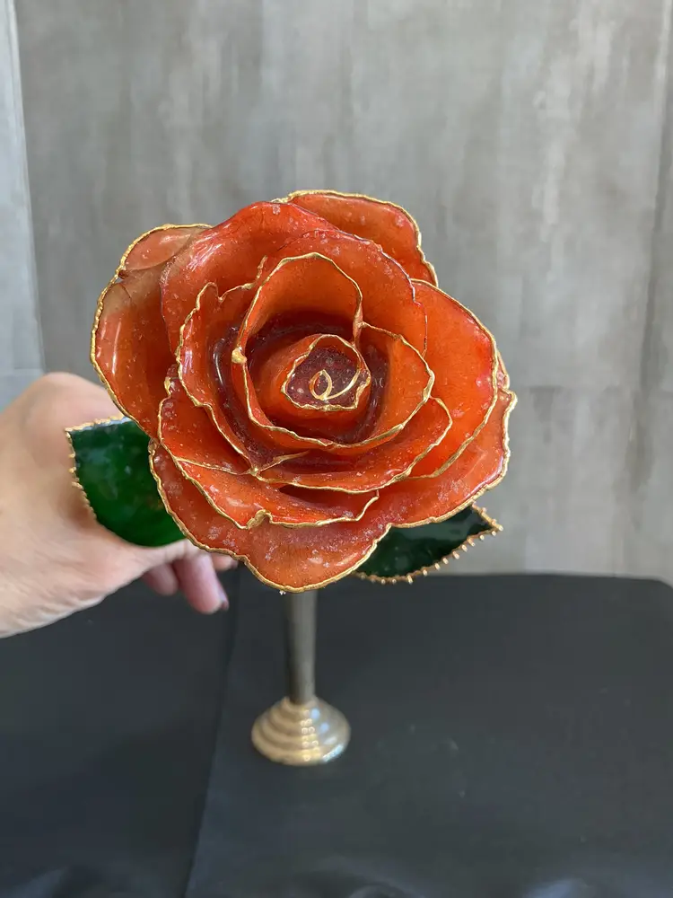 handcrafted enameled long stem rose burnt orange with green leaves and 24k gold trim 1970s-90s