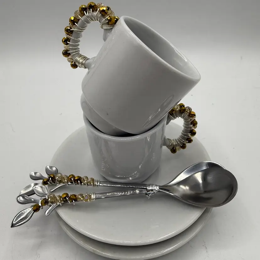 Gold Beaded Espresso Cups And Matching Spoons Hand Decorated By Me
