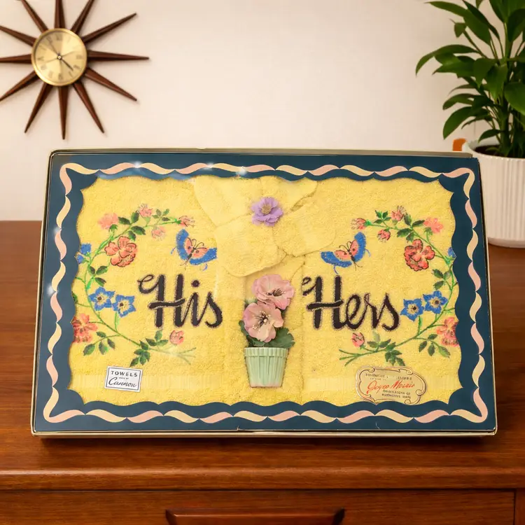 Vintage Cannon Yelllow His and Hers Floral Towel Set Joyce Morris Boxed Floral Mid Century Gift Ensemble