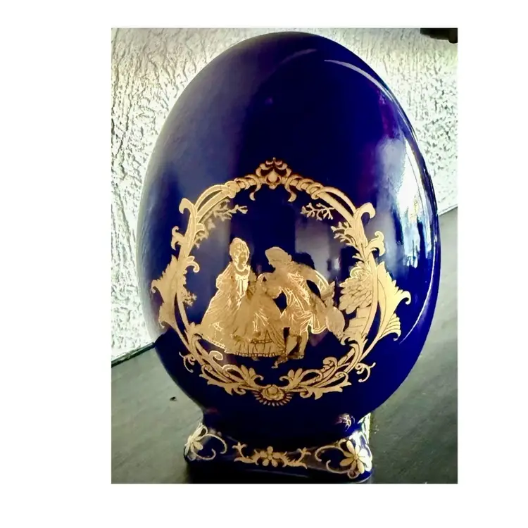 Vintage Footed Ceramic Cobalt Blue Egg With Gold Painted Victorian Scene