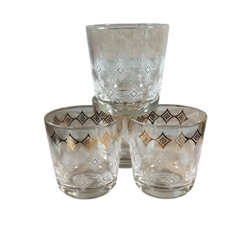 007. MCM Rock Glasses Gold and White Diamond with Atomic Design 8oz Set of 4