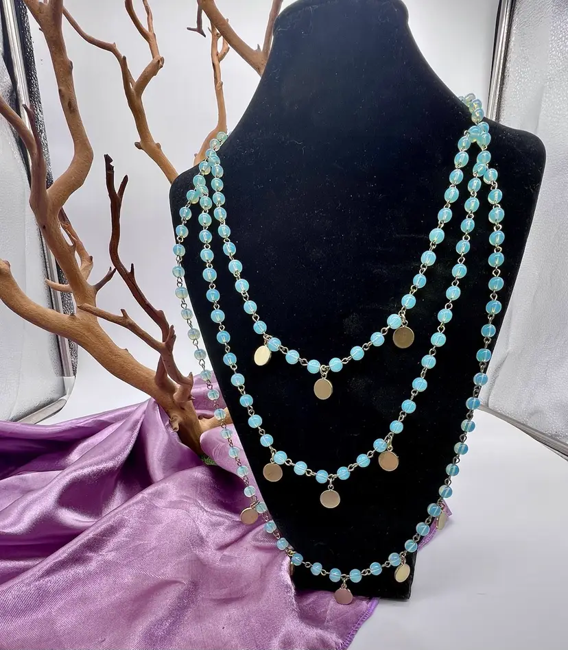 Blue Opalescent Glass Danielle Stevens 23” Drop 3 Strand Gold Tone Necklace