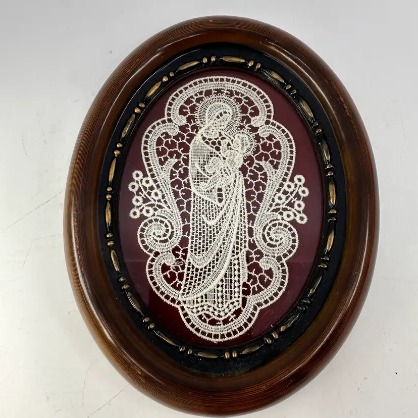 Vintage Belgian Bruges Lace Wall Art Madonna and Child