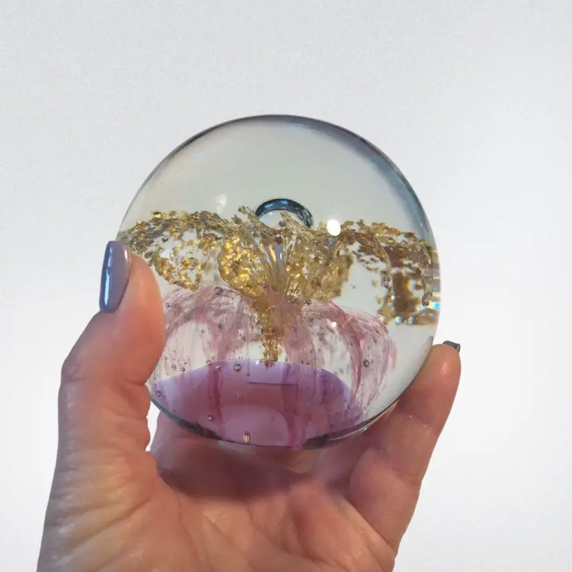 Art Glass Paperweight Pink Gold Flakes Flowers | 3.5”