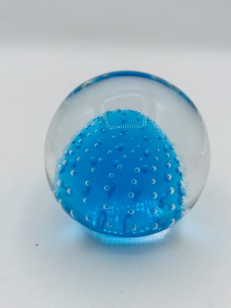 Art glass controlled bubble case blue round paper weight 3” Tall
