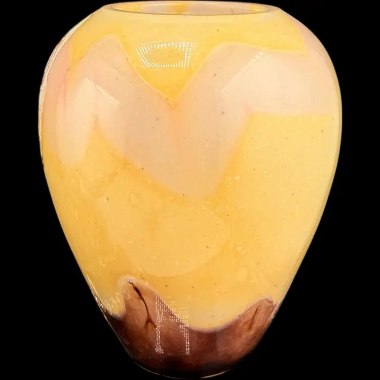 Andre DeLatte Nancy France Signed Hand Blown Art Glass Vase 5.5” Yellow Purple