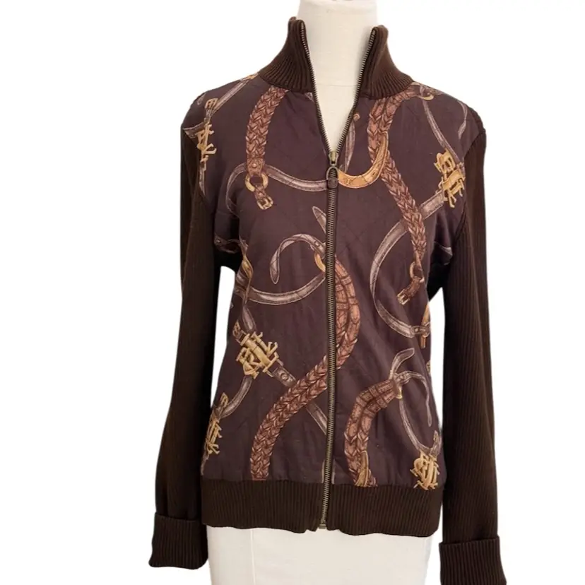 Vintage Lauren Ralph Lauren Full Zip Sweater Brown Equestrian Womens Large