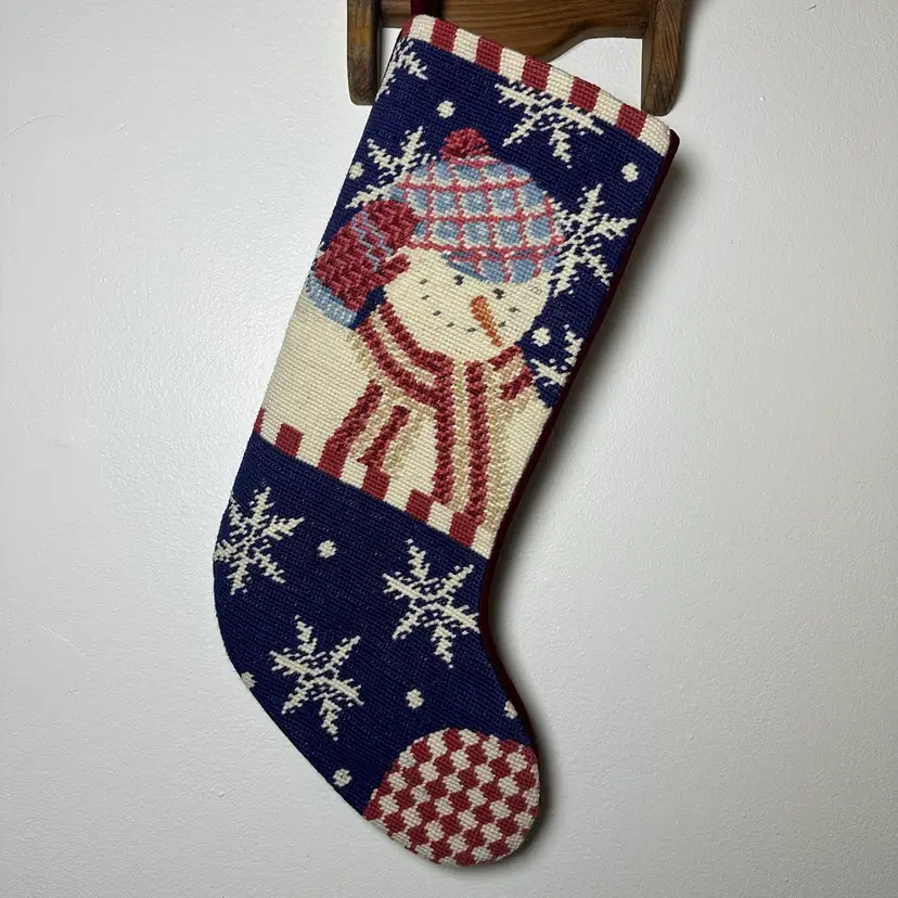 Vintage Christmas Snowman Stocking Needlepoint By Hand