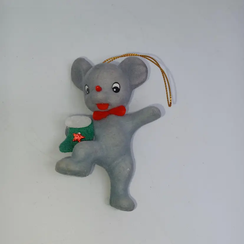 Vintage anthropomorphic Mouse flocked ornament Christmas Gray