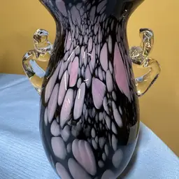 Herb A Thomas Hand Blown Art Glass 7.5" Vase Dark Amethyst Clear Handles HAT