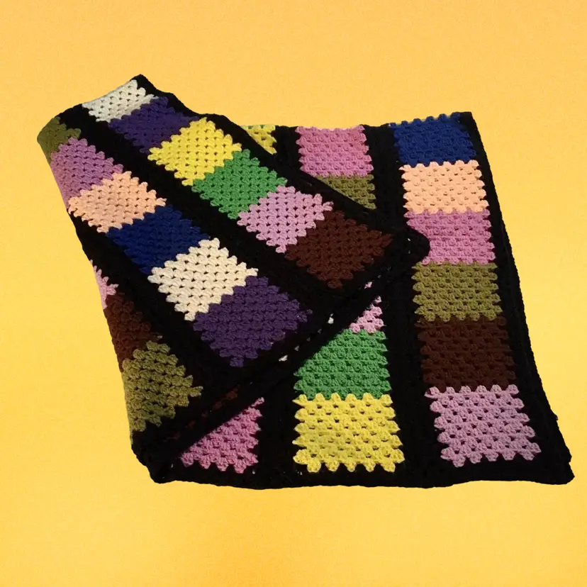 Vintage Handmade Crochet Blanket Afghan Black Multicolor Squares 55 X 42 BOHO