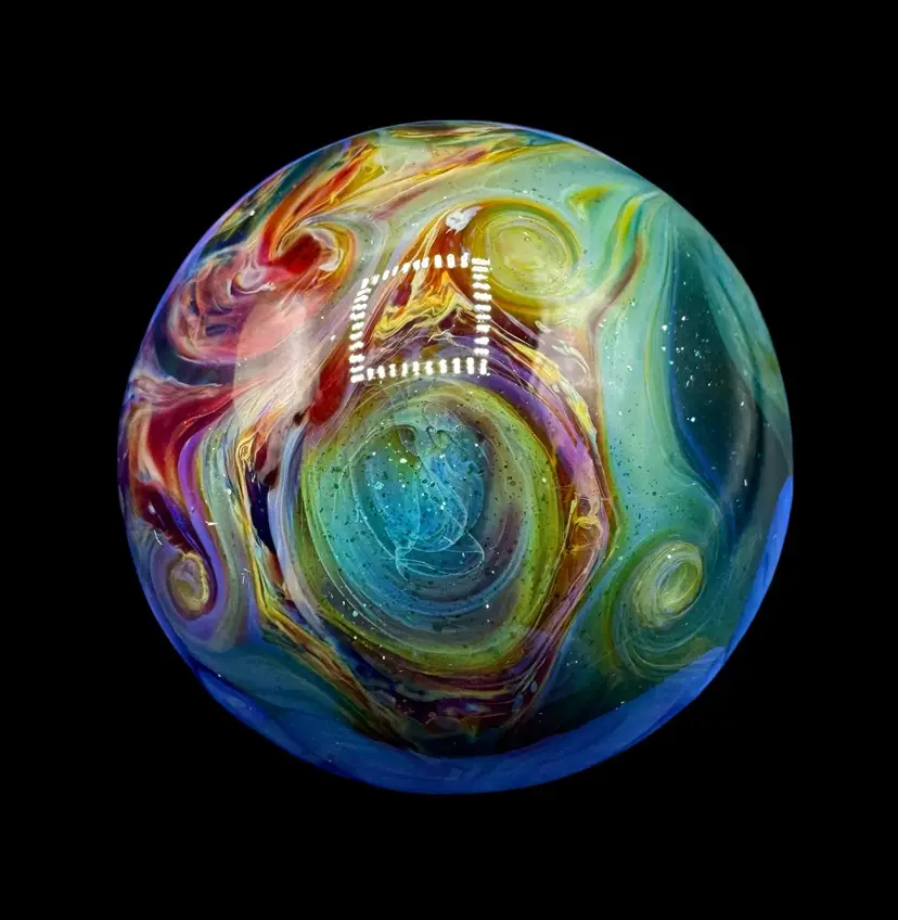 Kristi Macdonald Art Glass Marble 1.29” Phoenix Feathers Teal Red Orange Green