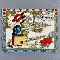 Antique Valentine Whitney Card 2 Children Suitcase Hearts Home Scalloped 4.75"