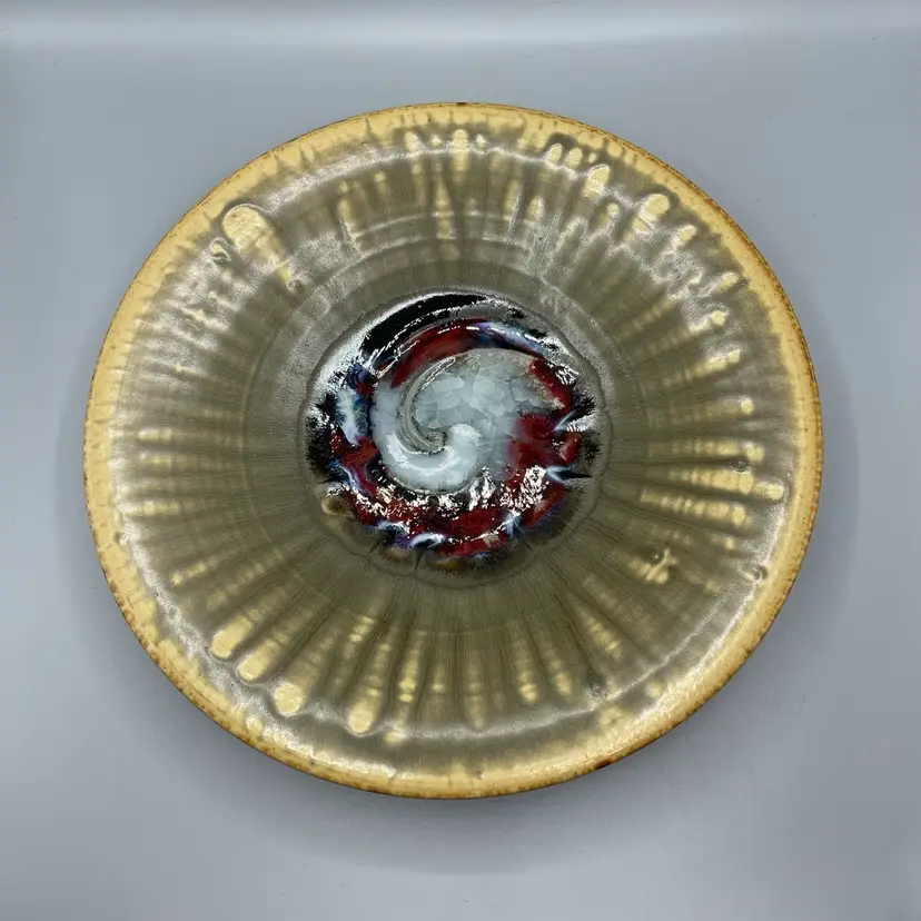 Orcas Island Pottery Studio Matthew Patton Large Wall Art Bowl Heavy Glaze Crackled Glass Center Brown Red