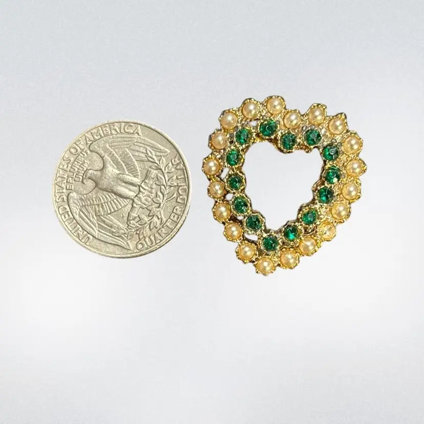 Silver Tone Heart Brooch With Green Rhinestones And Faux Pearls