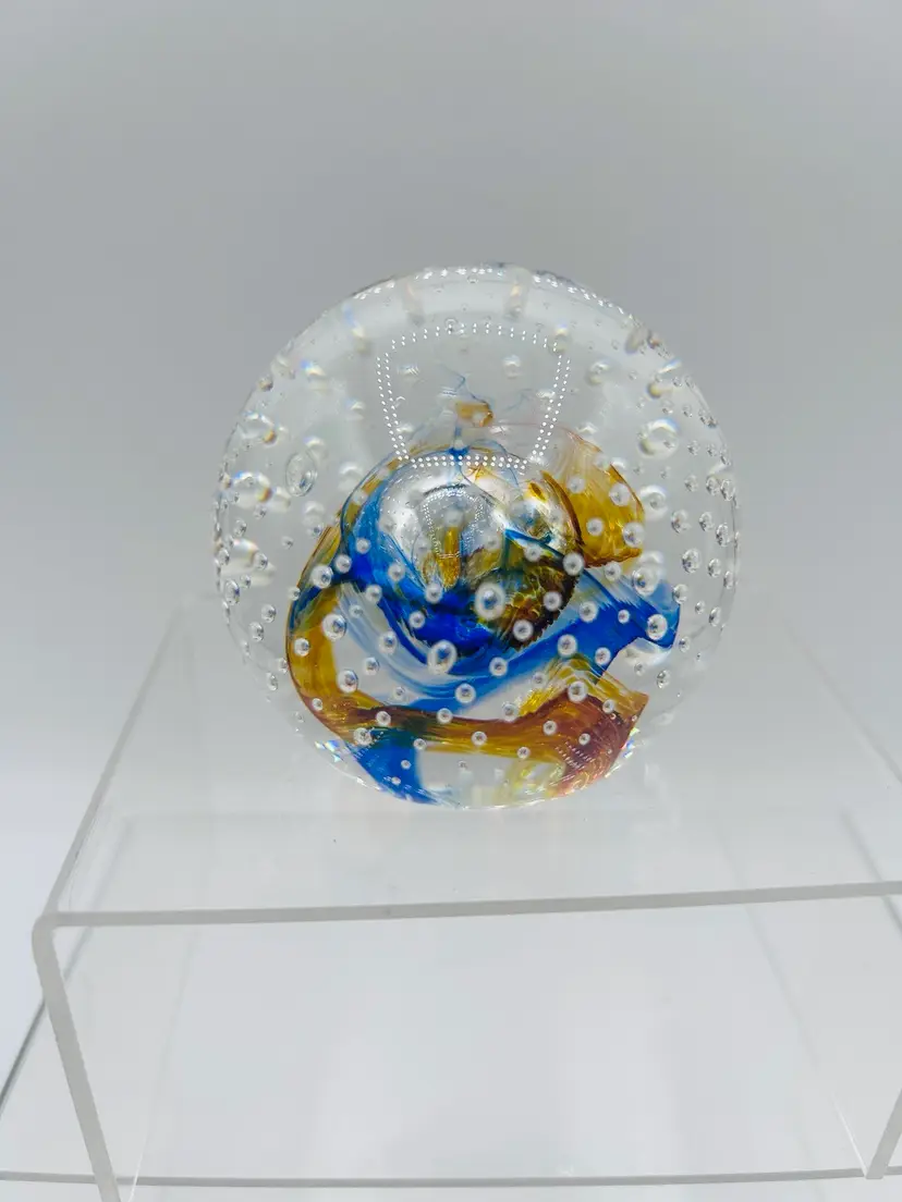 Vintage CAITHNESS Glass Paperweight “Reflections” 1992 Multicolor Blue And Yellow Scotland