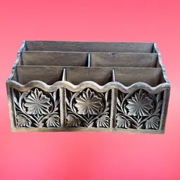 Vintage MCM LERNER Plastic Desk Organizer Caddy Carved Faux Wood 6 Compartments